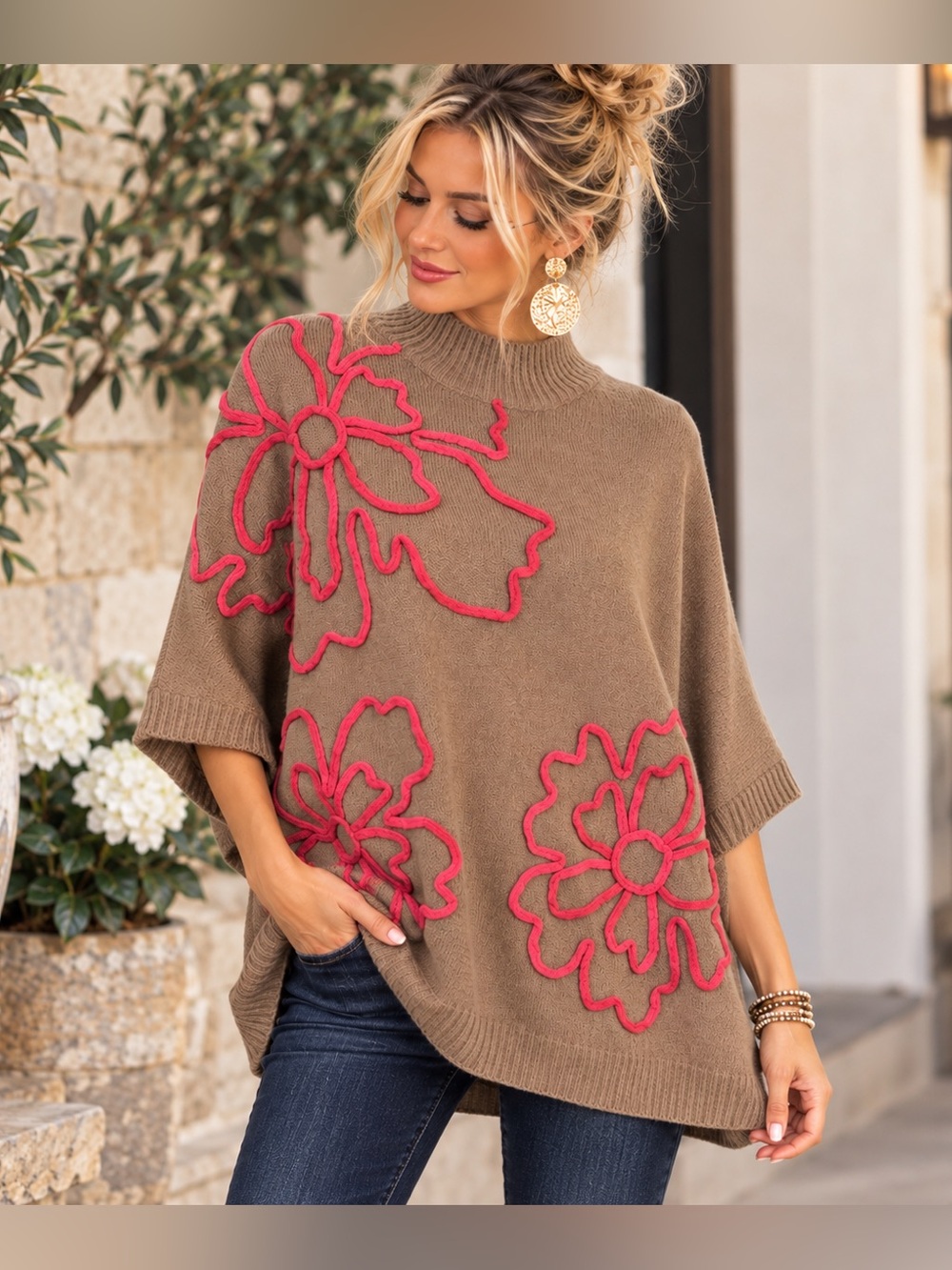 Easel Los Angeles M Taupe Coral Floral Appliqué Oversized Poncho Sweater